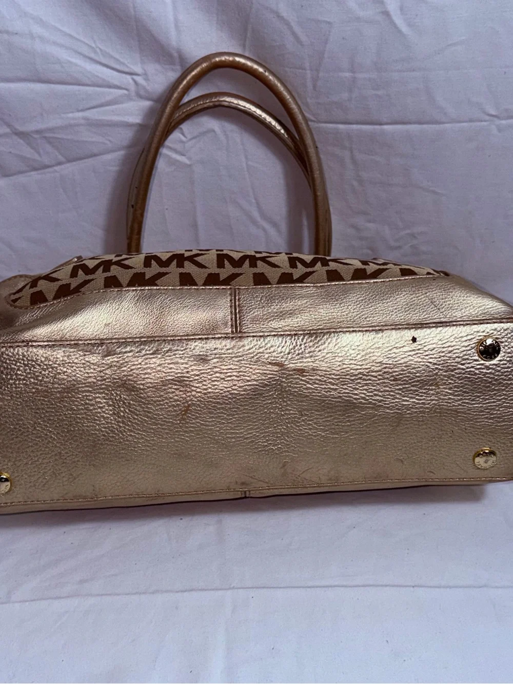 Michael Kors Gold Signature Jacquard Metallic Leather Satchel Bag